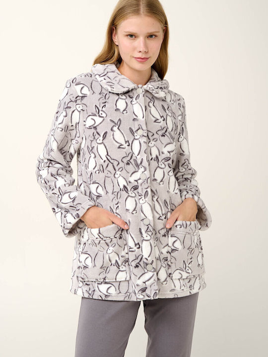 Vamp Χειμερινή Γυναικεία Fleece Ρόμπα Light Gray