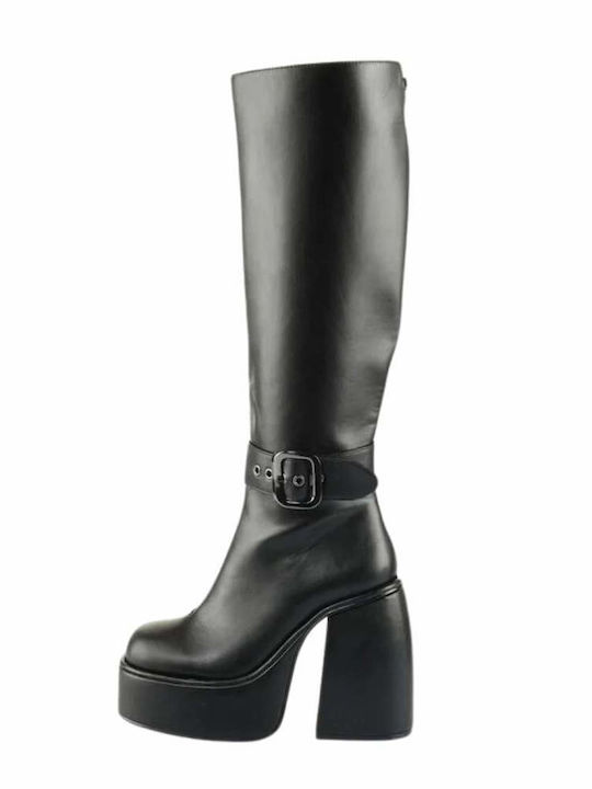 Buffalo Leather High Heel Women's Boots with Zipper Black