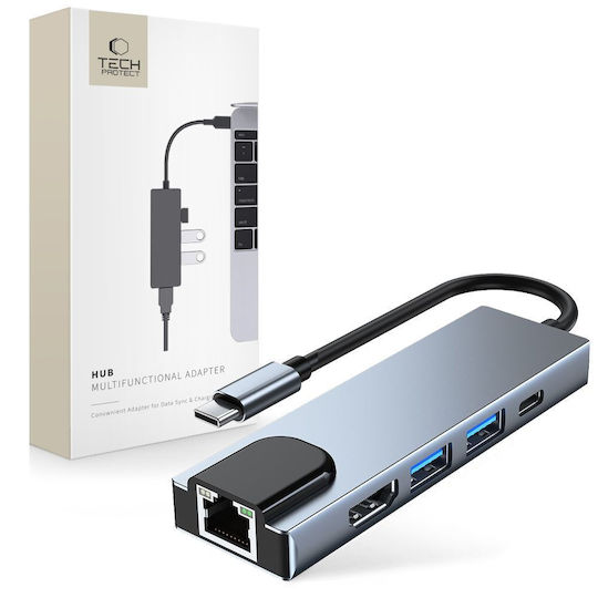 Tech-Protect V3 5in1 USB-C Докинг станция с HDMI 4K PD Етърнет и свързване 4 монитора Сив