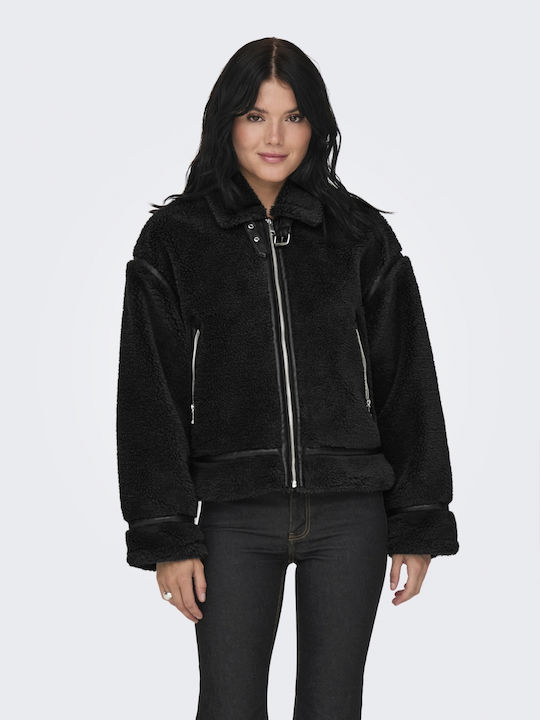 Only Women's Long Biker Artificial Leather Jacket for Winter BLACK