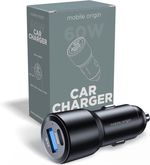 Mobile Origin Car Charger 60W 6A with Ports: 1xUSB 1xType-C Black Color