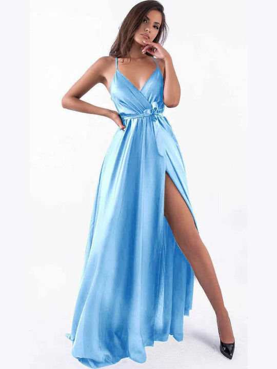 Καλοκαιρινό Maxi Φόρεμα για Γάμο / Βάπτιση Σατέν Blue
