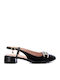 Pointed Toe Heels Made of Patent Leather with Strap and Medium Heel Animal Print Black