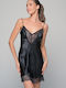 Milena by Paris Winter Satin,σατεν Damen Nachthemd mit String Black