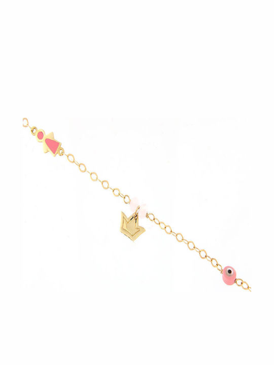 Ios Kids Bracelet from Gold 9K with Crown, Evil Eye, Stones & Baby Girl