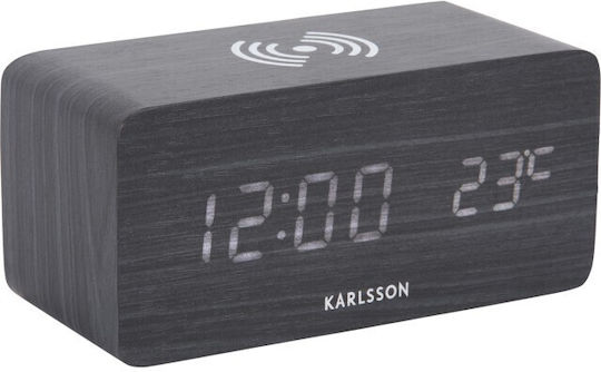 Karlsson Block Tischwecker mit kabellosem Handy-Ladegerät Holz 15x7,4x7,1 I Schwarz