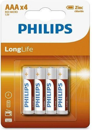 Set 4 Baterii Alcaline Philips LR03 AAA Longlife Pachet Blister