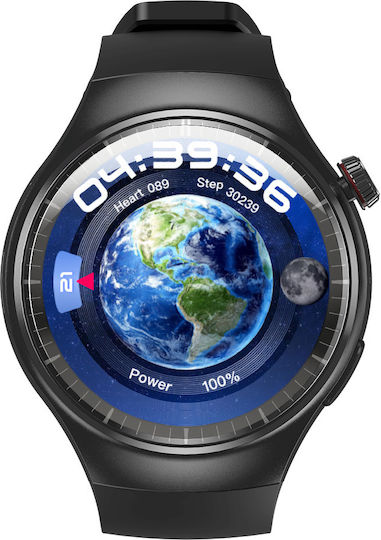 Smartwatch Idealstore Roundsims3 1.43 Inch Amoled Display Android 8.1 GPS Glonass Compass 4G Calling HD Speaker Microphone 1000 mAh Battery Nano SIM Heart Rate Monitor SpO2 Magnetic Charging Quad-Core Cortex Processor Black Silicone Strap