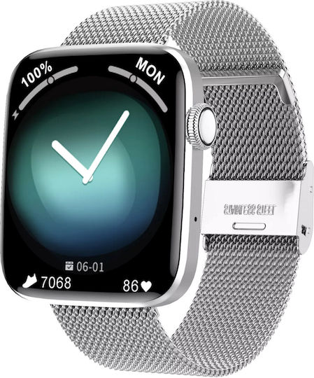 Smartwatch Idealstore Sportapple Echipat cu Difuzor Microfon Apeluri Telefonice Urmărire GPS Mod Multi-sport Senzor Ritm Cardiac Tensiune Arterială Nivel Oxigen Ecran Curbat Curea Metalică Argintie