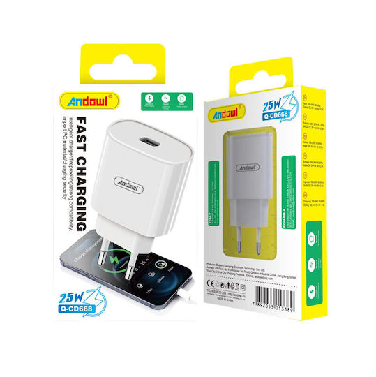 Andowl Φορτιστής Χωρίς Καλώδιο με Θύρα USB-C 25W Λευκός (Q-CD668)