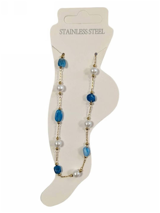 Kostibas Fashion Gold Plated Steel Anklet with Blue Pearls
