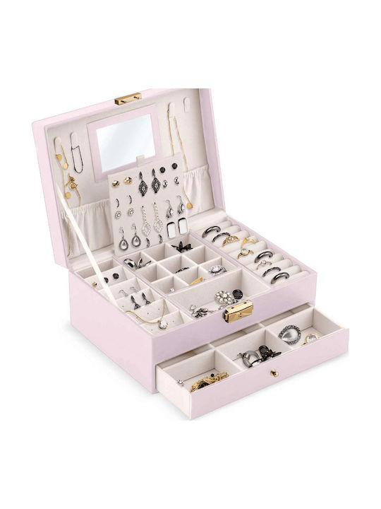 Cutie de Bijuterii Idealstore Dimensiuni 23 X 17 X 10.7 Cm Include Oglindă Lacăt Organizator pe 2 Niveluri Spațiu Inele Cercei Suporturi Coliere Piele Ecologică Rezistentă la Șocuri Design Elegant Portabil