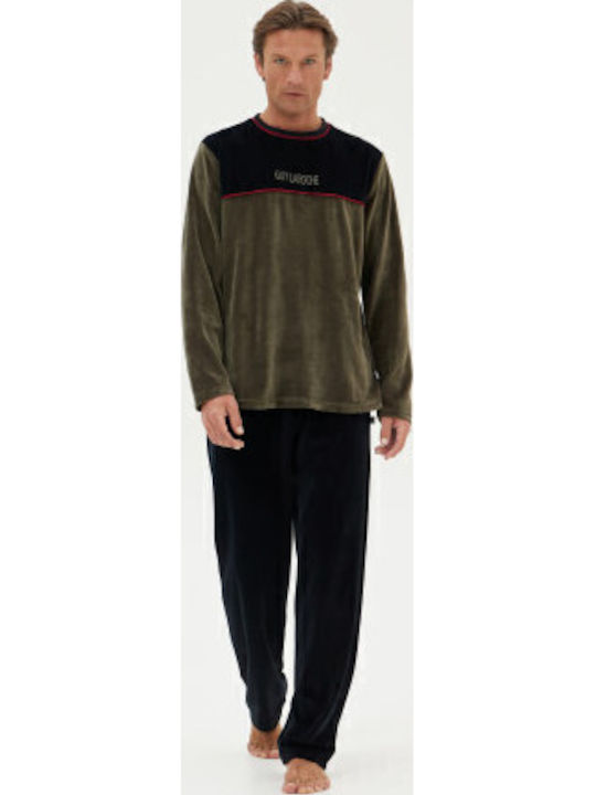 Guy Laroche Men's Winter Velvet Pajamas Set Khaki/black