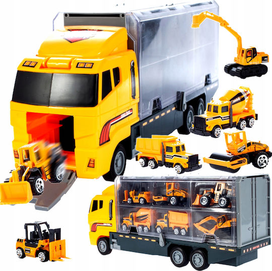 Camion Interactiv cu Remorcă Idealstore Galben Mare Dimensiuni 35 X 9.5 X 15.5 Cm Echipat cu 6 Vehicule de Construcție care Oferă Ore de Distracție și Divertisment