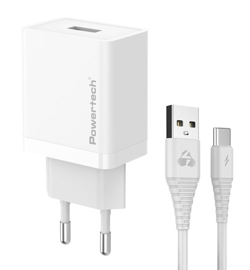 Powertech Φορτιστής με Θύρα USB-A και Καλώδιο USB-C 12W Λευκός (PT-1322)