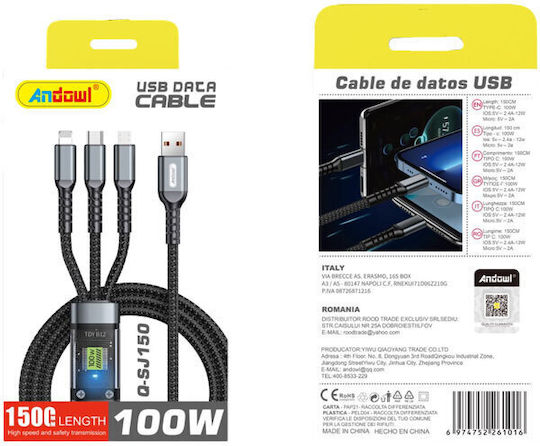 Andowl Regular USB-A la Cablu Lightning 100W 1.5m