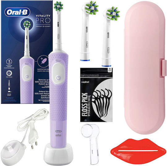 Oral-b Vitality Pro D103 Electric Toothbrush Lilac Violet Plus 2 Cross Action Brush Heads Plus Accessories