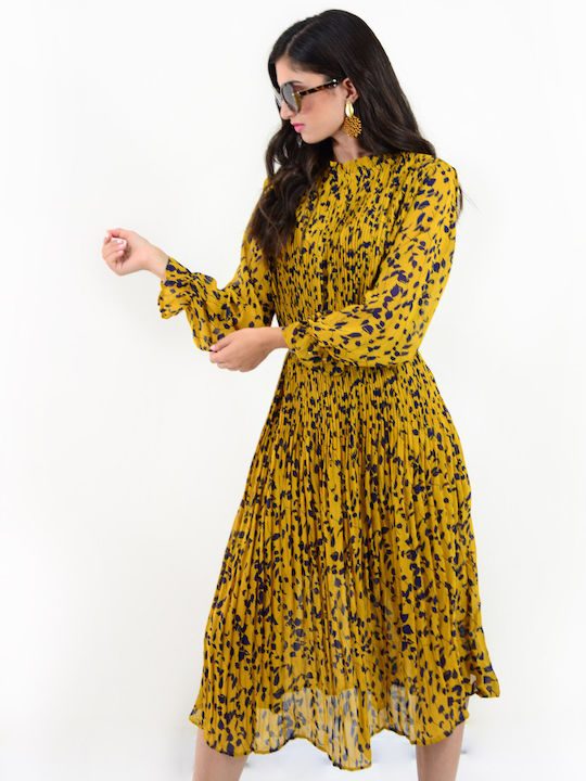 Pleated Midi Dress Yellow Yellow