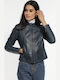 Women's Crop Lifestyle Leather Jacket for Winter Dark Blue