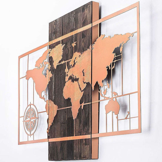 Weltkarte Wanddekoration 899skl2234 85x58cm Walnuss-Kupfer Wallity Metall Holz