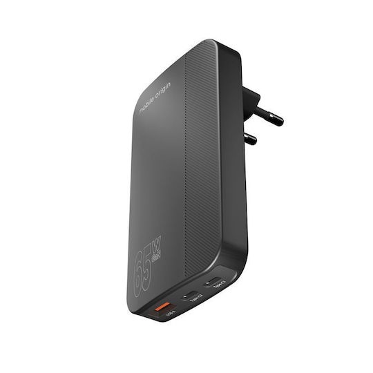 Mobile Origin Φορτιστής Χωρίς Καλώδιο GaN με Θύρα USB-A και 2 Θύρες USB-C 65W Μαύρος