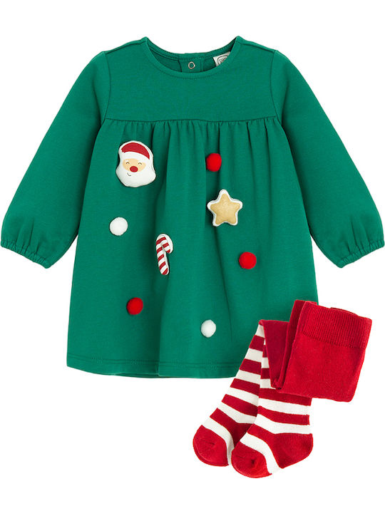 Children's Dress Long Sleeve Set with Tights Green