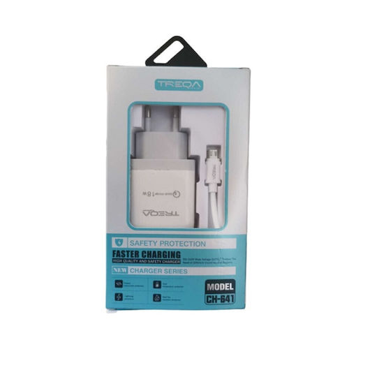 Treqa Ladegerät mit USB-A Anschluss und Kabel Micro-USB 18W Schnellaufladung 3.0 Weißs (CH-641)