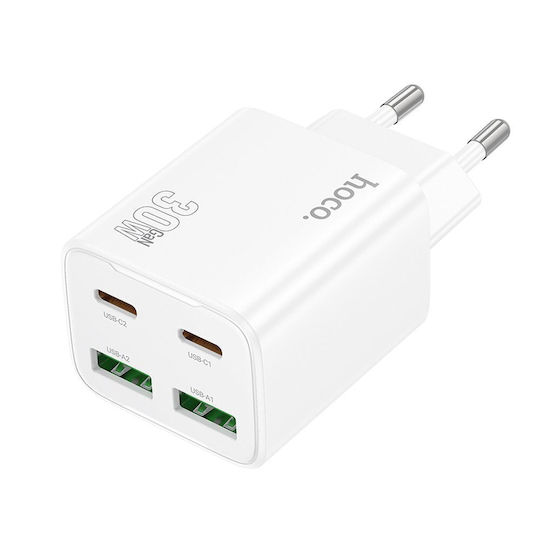 Hoco Ladegerät ohne Kabel mit 2 USB-A Anschlüsse und 2 USB-C Anschlüsse 30W Stromlieferung / Schnellaufladung 3.0 Weißs (N56 Fundador)