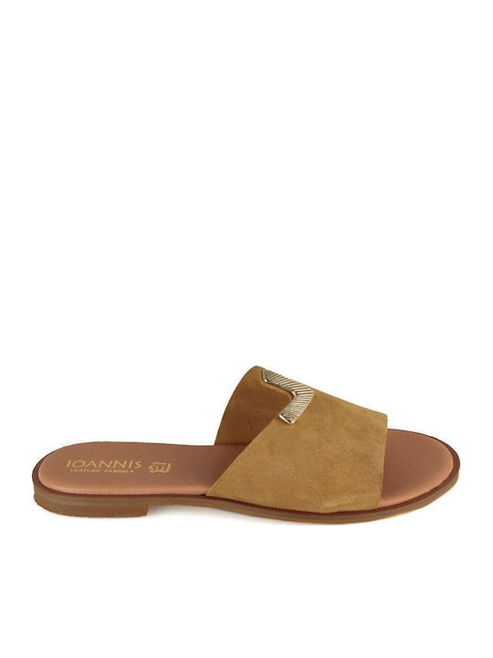 Leather Women's Flat Sandals in Beige Color