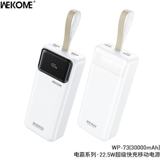 WK WP-73 Power Bank 30000mAh με 2 Θύρες USB-A και Θύρα USB-C Λευκό