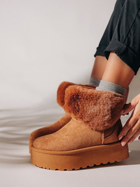 Suede Women's Ankle Boots with Fur Brown