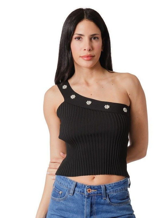 Black One-Shoulder Ripped Top with Embellishments