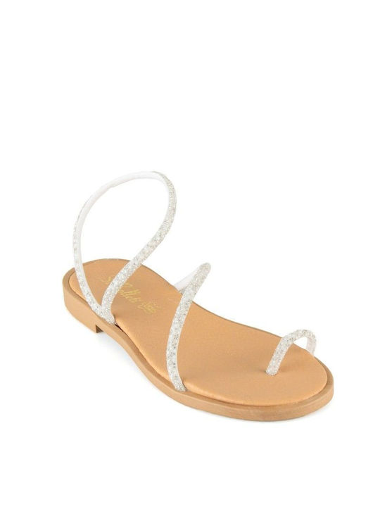 White Leather Handmade Glitter Flat Sandal