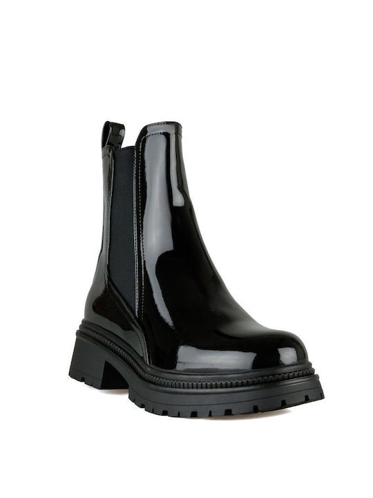 Black Patent Biker Ankle Boot with Elastic