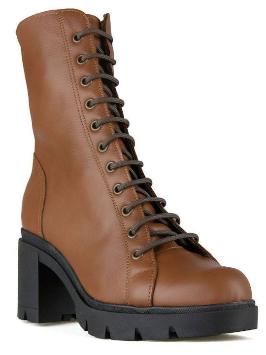 Camel Leather High-Heeled Ankle Boot