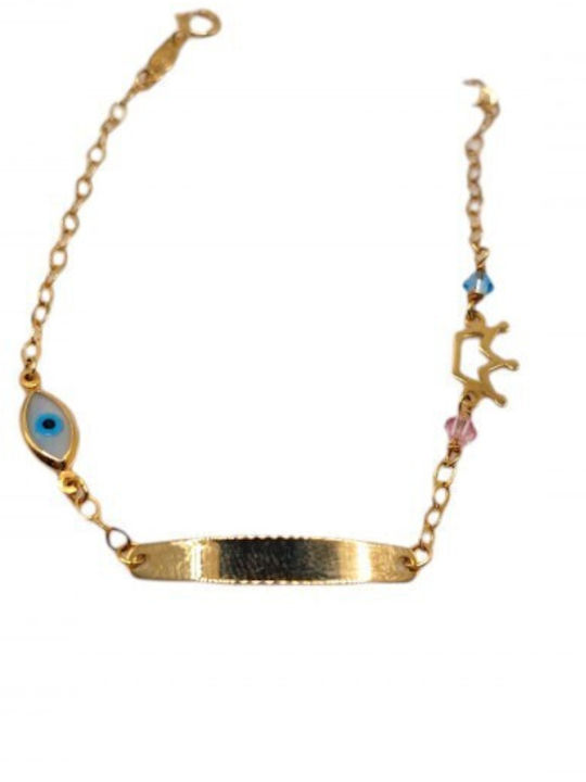 Velegrakis Kids Bracelet ID from Gold 14K with Baby Girl, Crown & Evil Eye