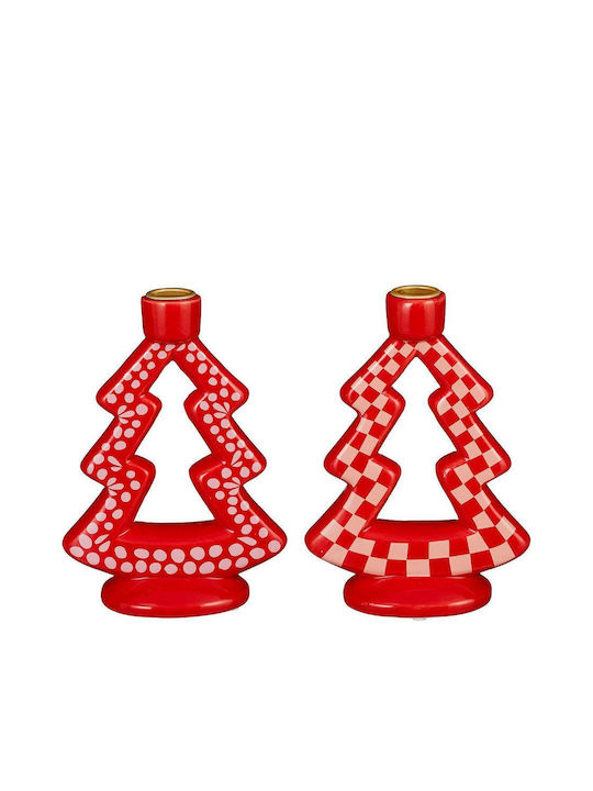 Mica Christmas Ceramic Red Candlestick 18.5x13cm Καρώ