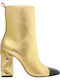 Leather Women's Ankle Boots with High Heel Gold