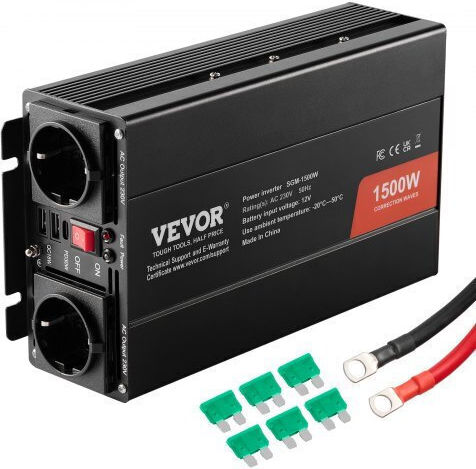 Vevor Inverter Αυτοκινήτου Τροποποιημένου Ημιτόνου 1500W για Μετατροπή 12V DC σε 230V AC