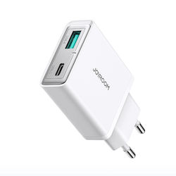 Joyroom Mobile Phone Charger with Built-in Cable with USB-A and USB-C Output Ports 20W Power Delivery / Quick Charge 3.0 White