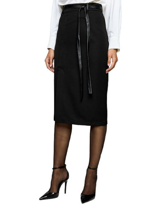 Midi Leatherette Skirt with Belt Black