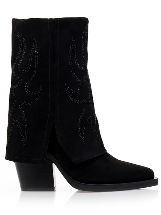 Ghete Dama Negre De Catifea Cowboy Fald Rabatabil Design Stras