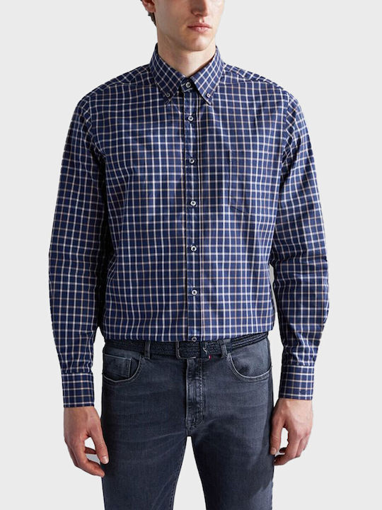 Long-sleeved Cotton Shirt Checked Blue