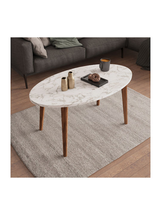 Oval Central Coffee Table Vital Wooden White Marble - Walnut W90xD50xH42cm