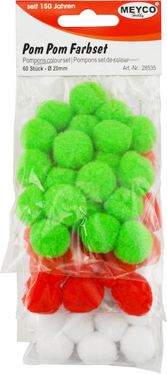 Meyco Craft Pom Poms Red Green White with Diameter 20mm Set of 60 Pieces