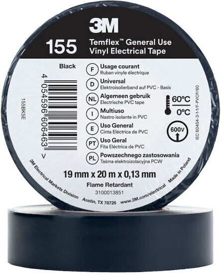 3M Μονωτική Ταινία 19mm x 20m Temflex 155 Μαύρη