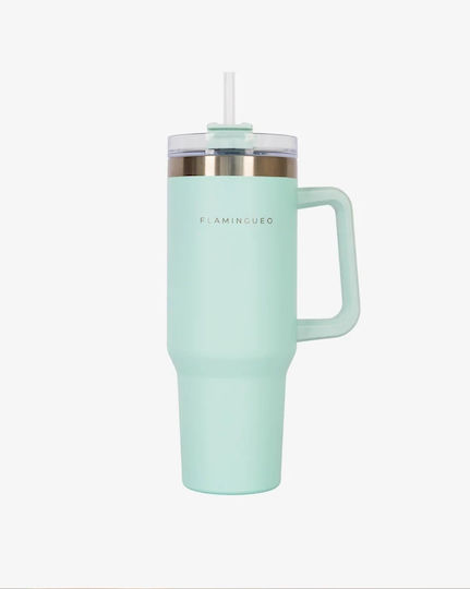 Flamingueo Handled Tumbler Θερμός Ανοξείδωτο 1.18lt Τιρκουάζ με Καλαμάκι και Λαβή