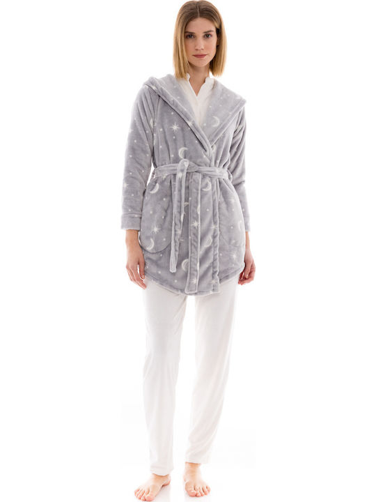Pink Label Χειμερινή Γυναικεία Fleece Ρόμπα Γκρι