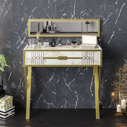 Frida Конзолна маса Метална с Мраморно Покритие с огледало White-gold Д90xШ32xВ80cm