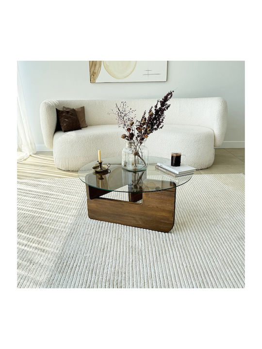 Round Central Glass Coffee Table Walnut-Clear W75xL75xH35cm